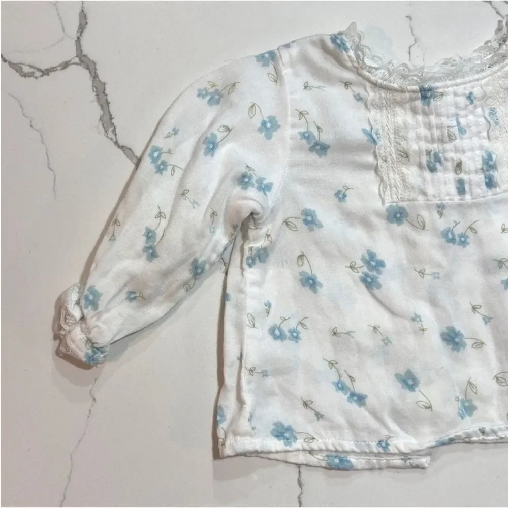 Old Navy | Vintage Girls White Floral Long Sleeve Blouse Blue Denim Jean…
